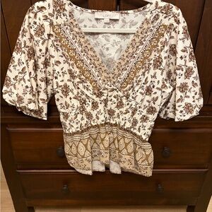 LOFT Women's Floral Brown and White Blouse